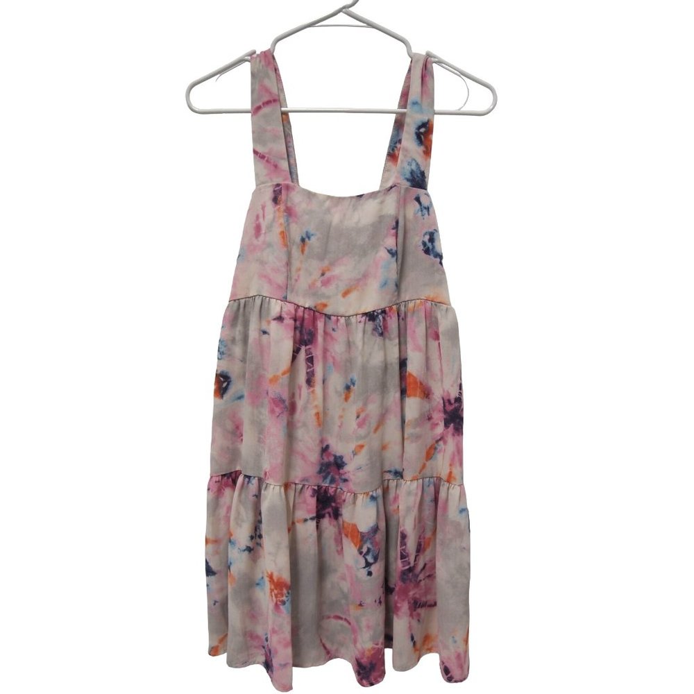 Adrienne Womens Dress S Beige Pink Floral Tiered Mini Sleeveless Satin